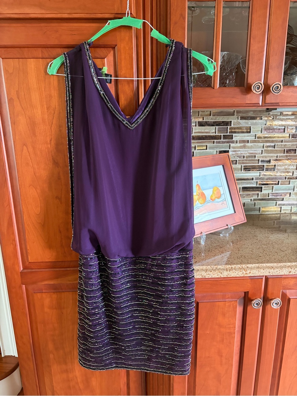 Tahari Plum Beaded V-Neck Mini Dress